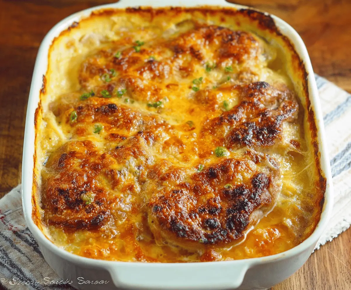Creamy Cheesy Pork Chop Potato Casserole topped with melted cheese and crispy bacon, served in a baking dish