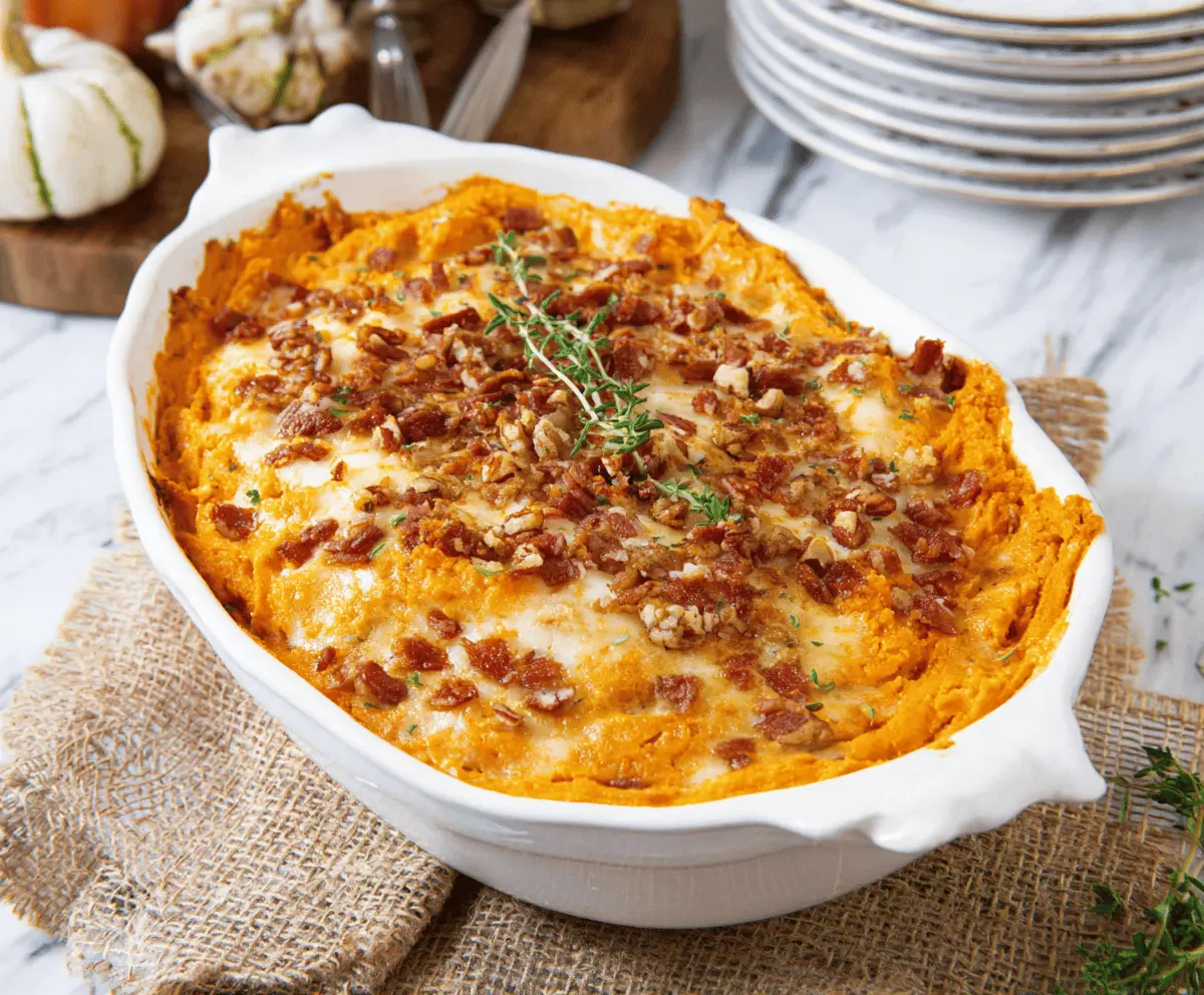 Delicious cheesy sweet potato casserole topped with melted cheese and crispy golden-brown crust, served as a savory side dish for holidays and gatherings.