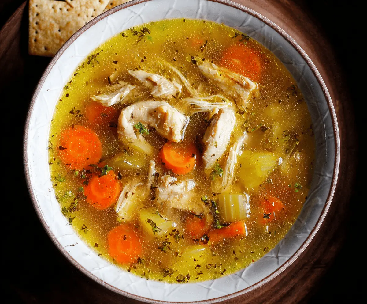 Hearty homemade chicken soup with tender chicken, vegetables, and herbs in a bowl, perfect for comfort and wellness.