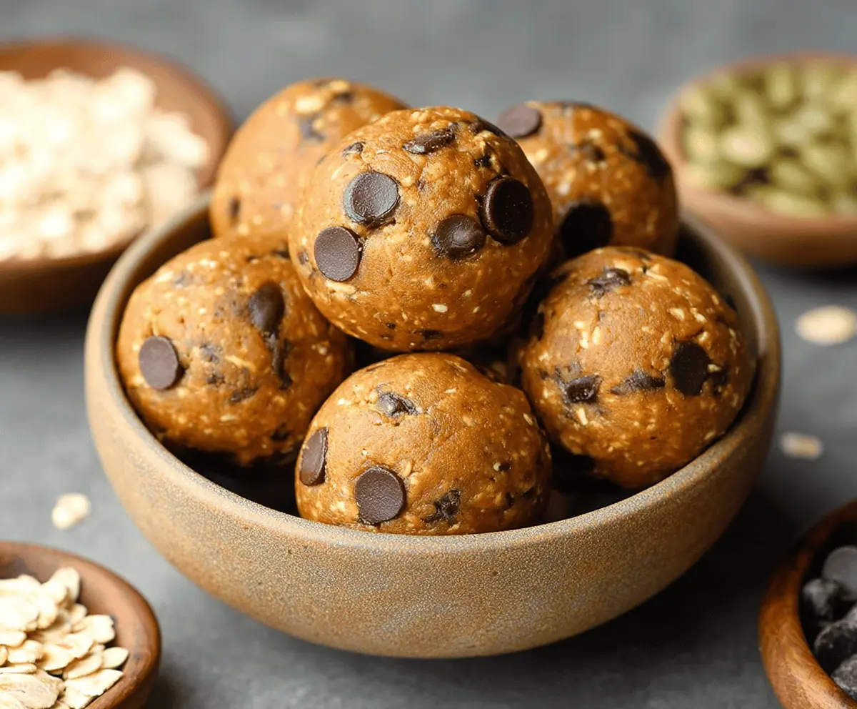 Delicious homemade chocolate chip pumpkin protein balls on a white plate, perfect for healthy snacking and boosting energy
