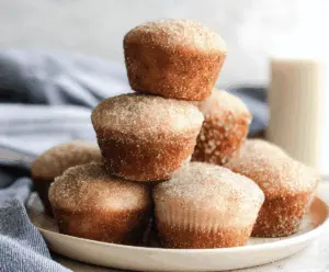 Golden cinnamon sugar donut muffins topped with a sprinkle of cinnamon sugar, showcasing a delicious homemade breakfast treat.