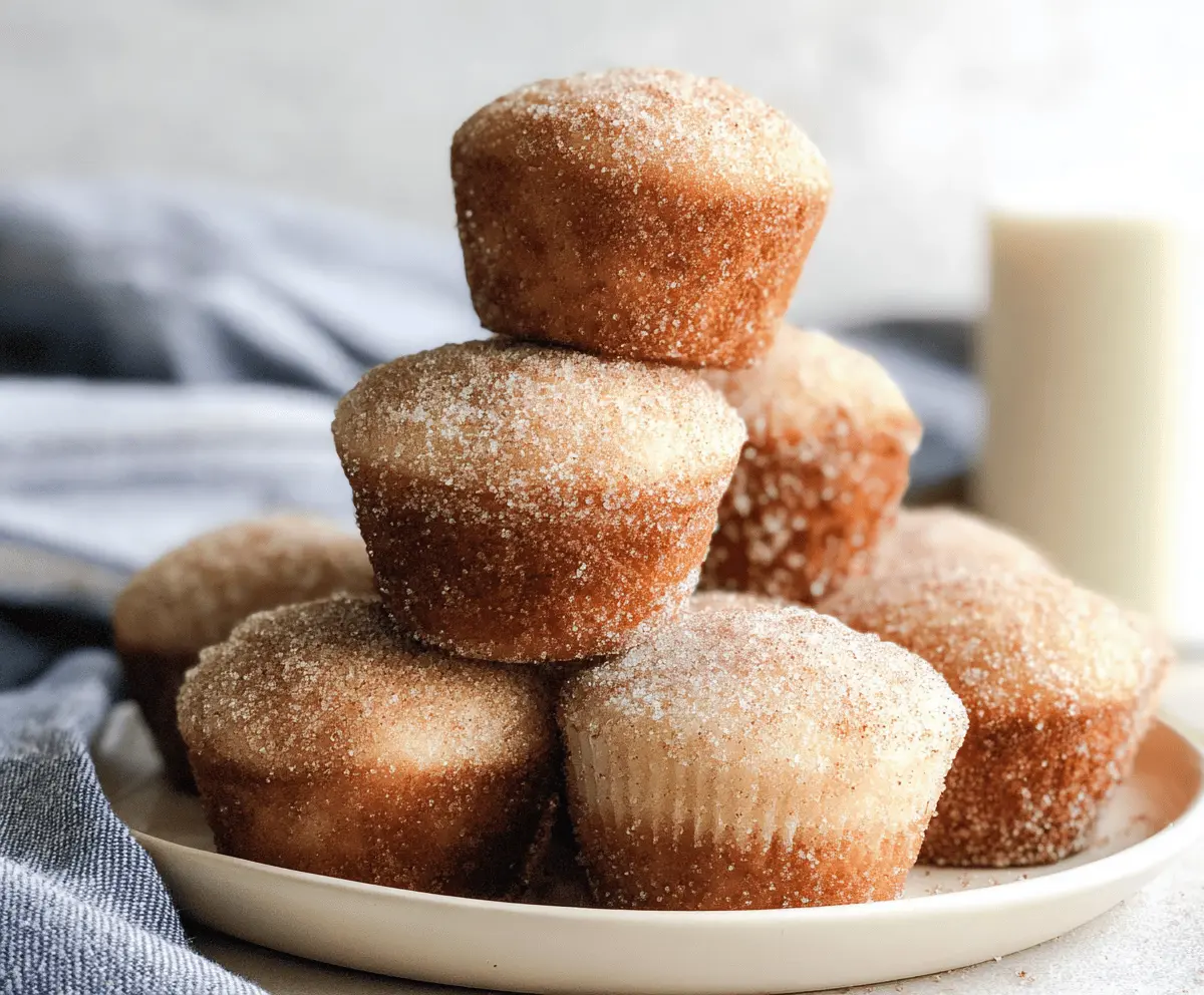 Golden cinnamon sugar donut muffins topped with a sprinkle of cinnamon sugar, showcasing a delicious homemade breakfast treat.