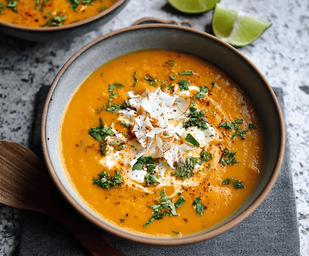 Creamy coconut curry sweet potato soup garnished with fresh herbs in a rustic bowl, showcasing vibrant orange color and smooth texture