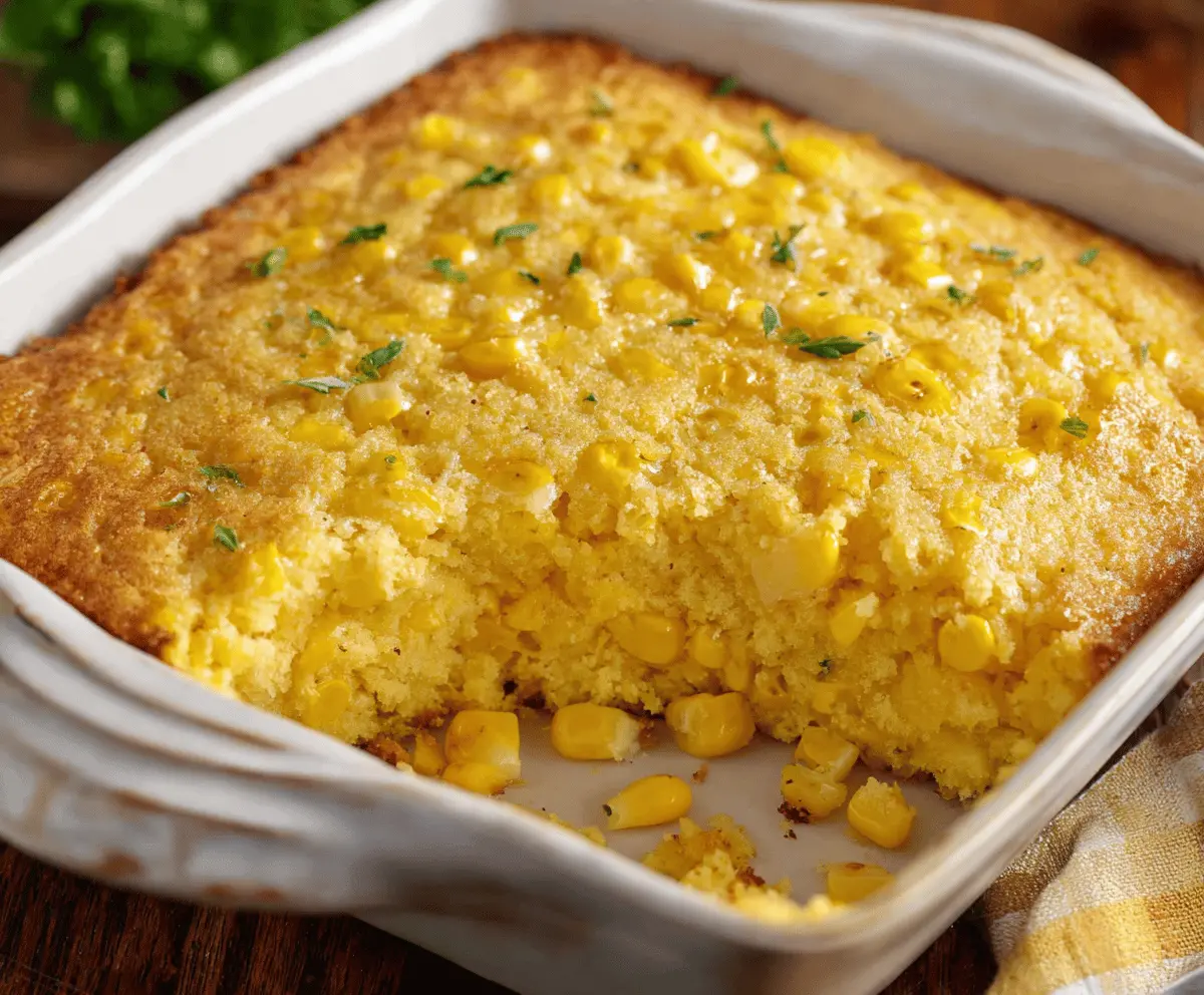 Delicious homemade corn casserole dish with golden crust and creamy corn filling