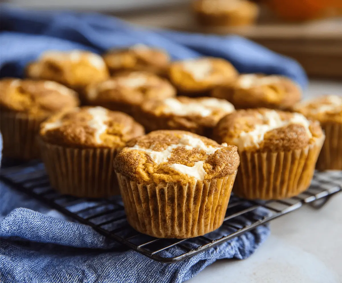 Delicious homemade cream cheese pumpkin spice muffins topped with cinnamon and a cream cheese swirl, perfect for fall baking.