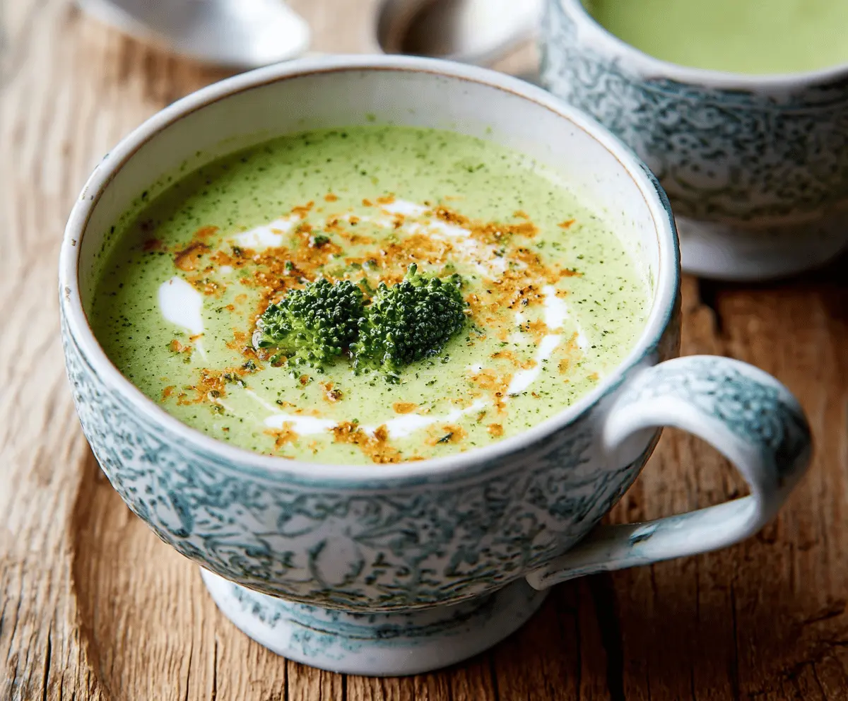 Cream of Broccoli Soup in a bowl topped with fresh broccoli florets and a drizzle of cream, served with crusty bread on a rustic wooden table.