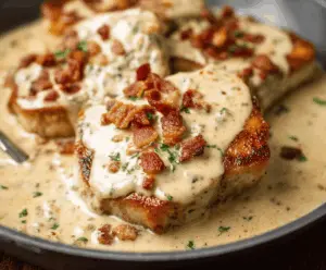 Creamy bacon pork chops served with mashed potatoes and vegetables on a plate, showcasing a delicious and savory meal.