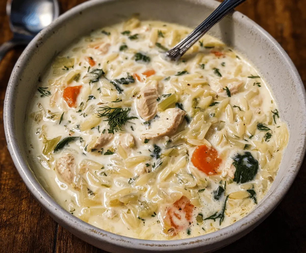 Creamy Chicken Orzo Soup in a bowl with shredded chicken, tender orzo pasta, and fresh herbs, served hot and garnished with a sprig of parsley.
