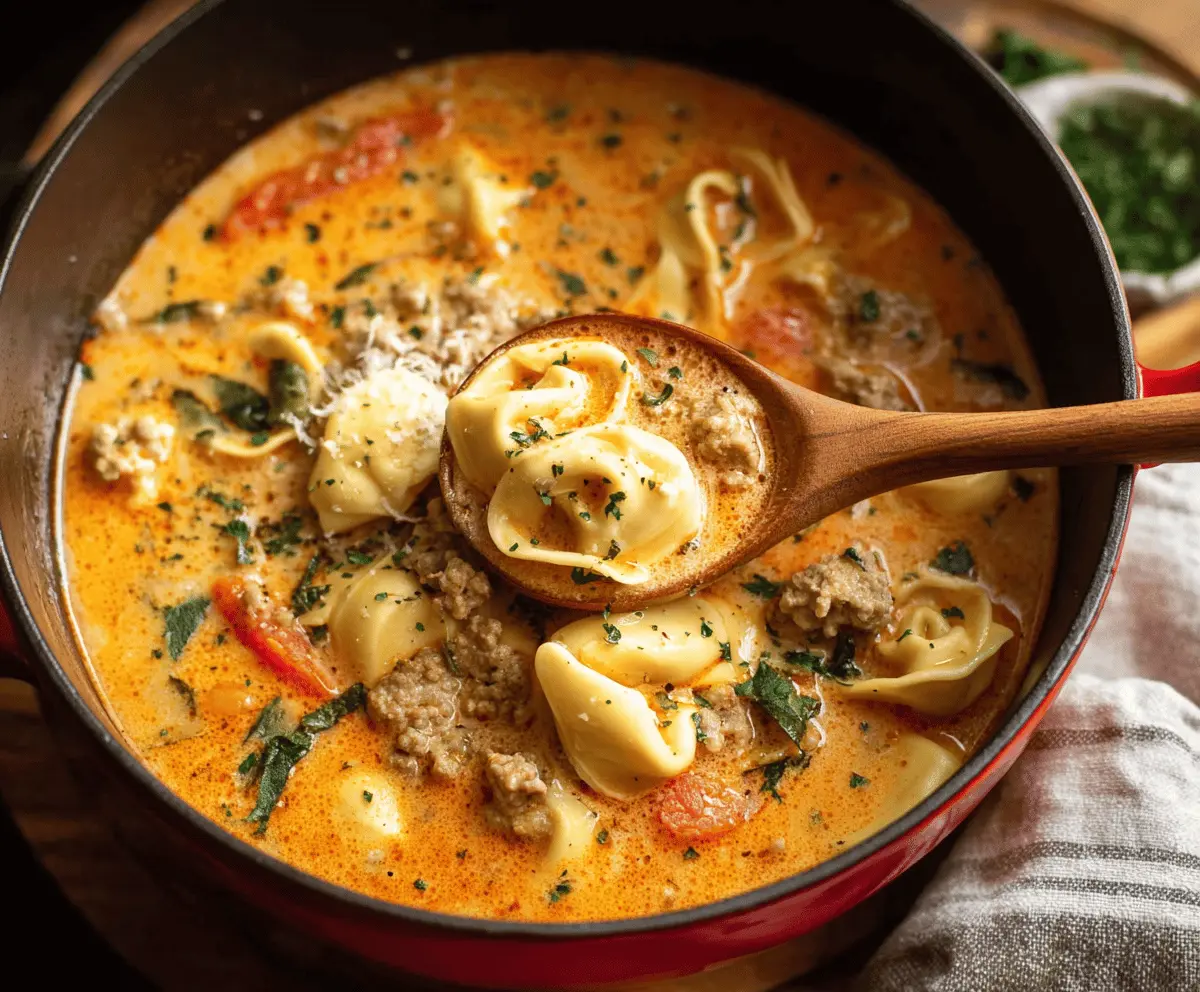 Creamy sausage tortellini soup in a bowl garnished with fresh herbs and grated cheese, showcasing a rich and hearty Italian-inspired meal