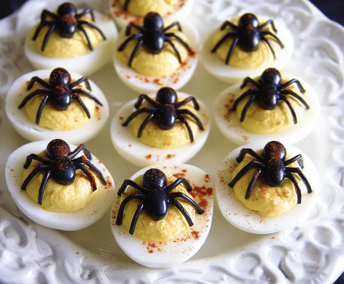 Decorative deviled egg spiders for Halloween, featuring creamy filling with olive and carrot details for spooky party appetizers.