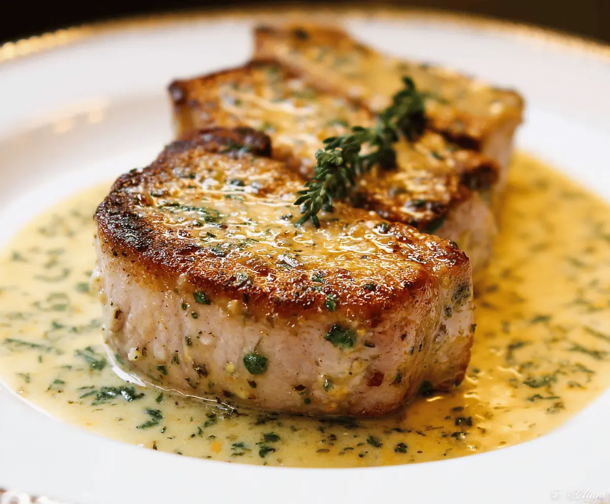 Juicy Dijon Pork Chops served with fresh herbs on a white plate, perfect for a flavorful dinner