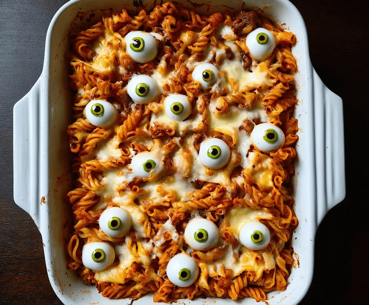 A spooky Eyeball Pasta Bake featuring pasta topped with mozzarella cheese and garnished with olive slices resembling eyeballs, perfect for Halloween-themed dinners.