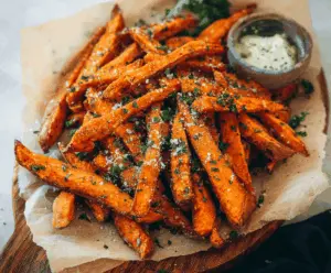 Golden crispy garlic sweet potato fries served on a white plate with fresh herbs, perfect for a healthy snack or side dish.