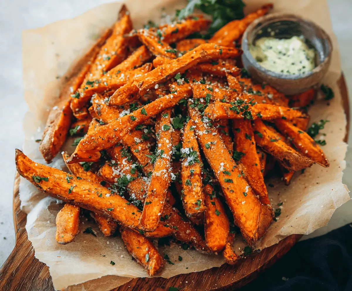Golden crispy garlic sweet potato fries served on a white plate with fresh herbs, perfect for a healthy snack or side dish.