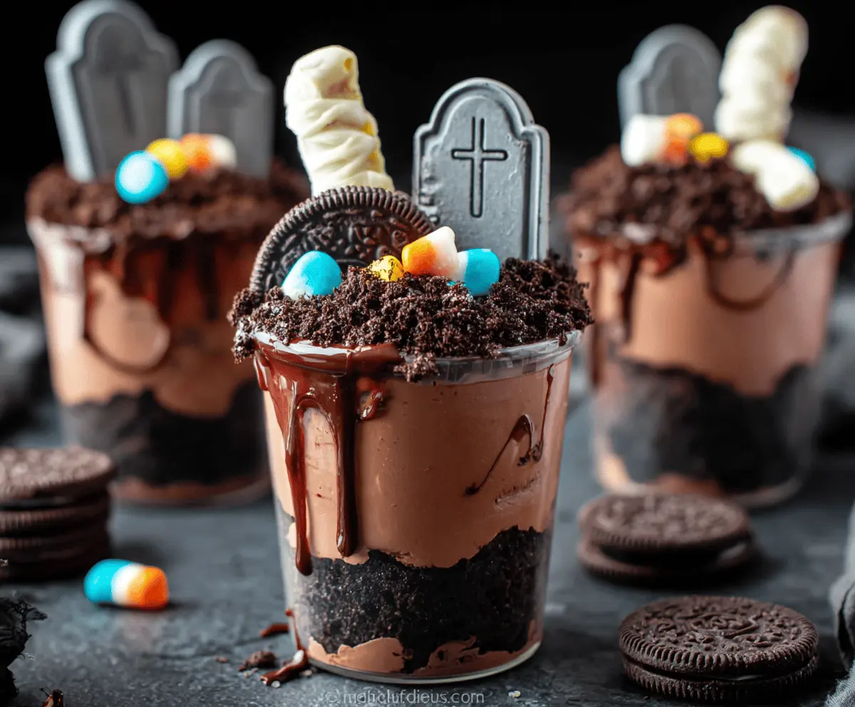 Delicious Graveyard Chocolate Pudding Cups topped with spooky decorations and gummy worms for a fun Halloween treat