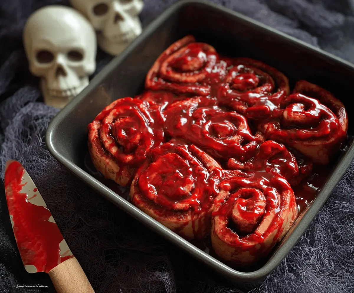 Delicious Halloween Bloody Cinnamon Rolls with red icing and spooky garnishes perfect for a festive treat