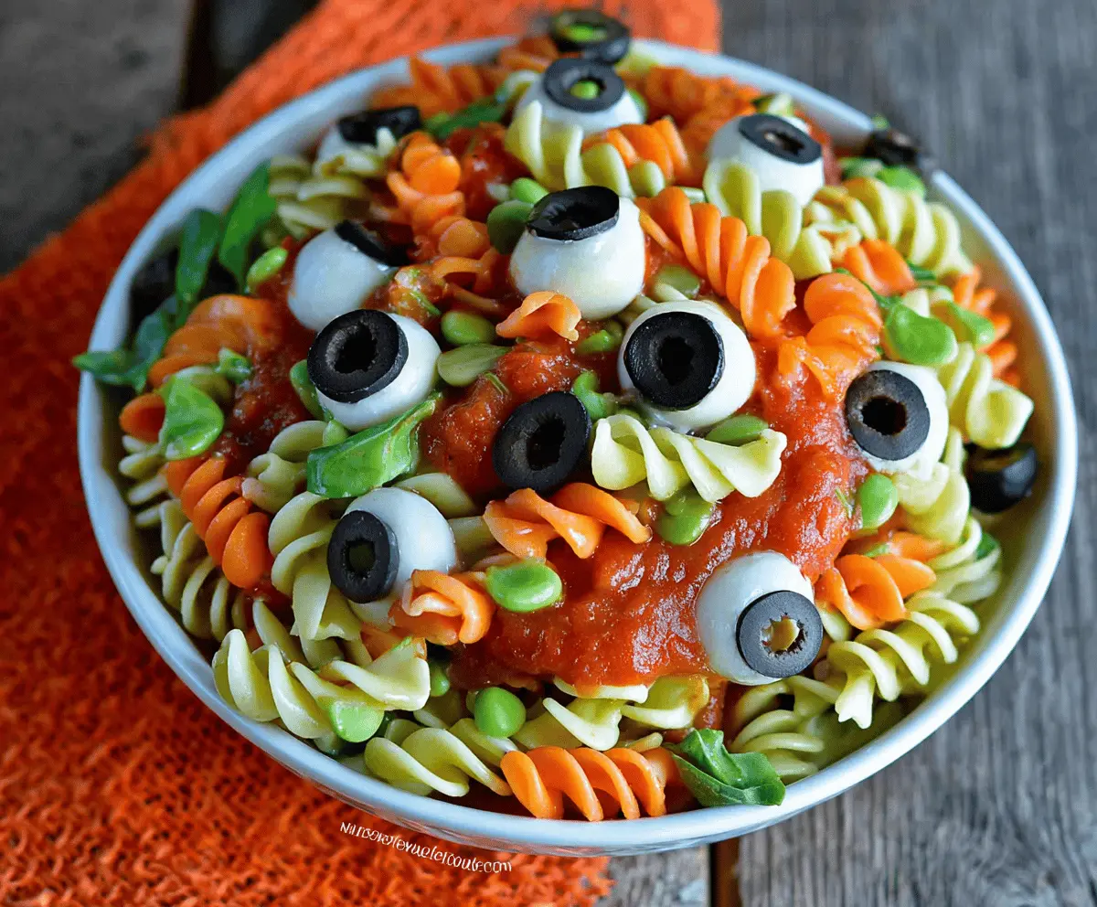 Colorful Halloween Eyeball Pasta Salad with spooky eyeball-shaped pasta and fresh vegetables, perfect for a festive spooky dinner.