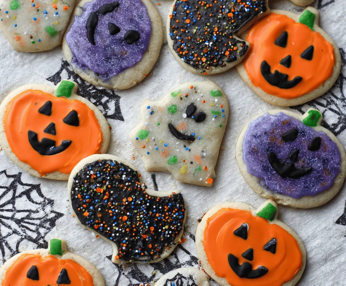 Delicious Halloween-themed shortbread cookies decorated with colorful icing and festive toppings, perfect for Halloween treats and parties