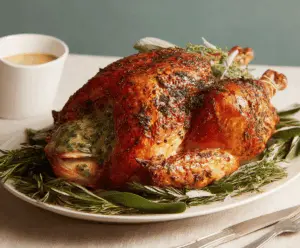 Juicy Herb Butter Roasted Turkey garnished with fresh herbs on a serving platter, perfect for holiday dinner.