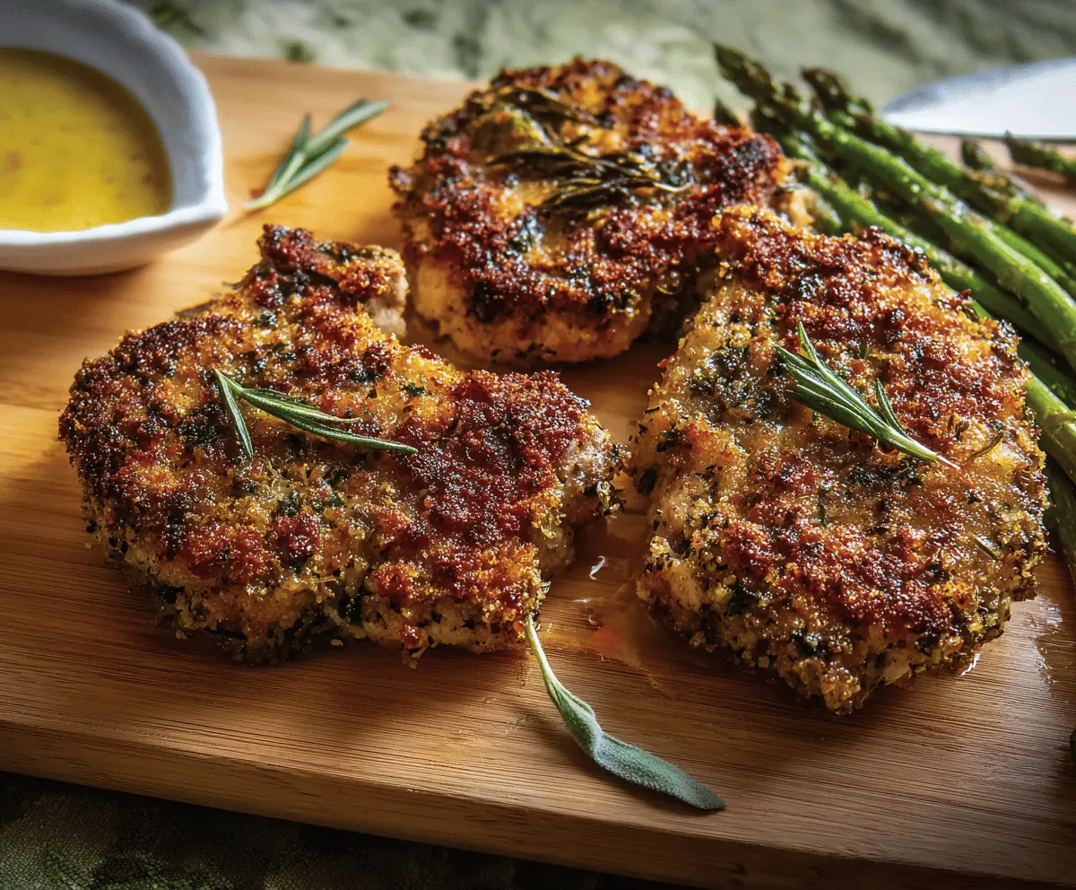 Herb Crusted Pork Chops served on a plate with fresh herbs and lemon wedges, featuring a golden, crispy herb crust and juicy interior.