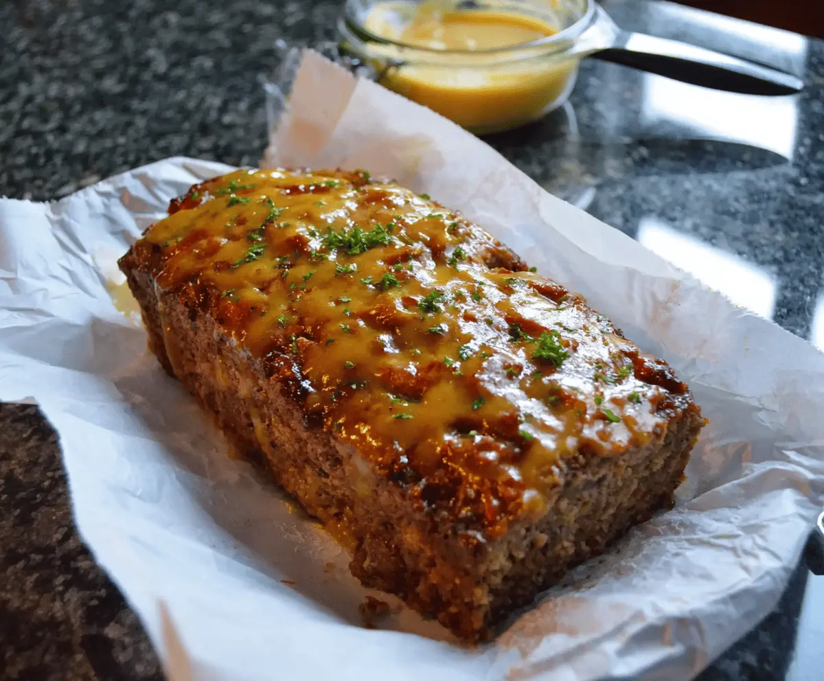 Juicy Honey Mustard Meatloaf topped with glaze, served with fresh vegetables on a plate