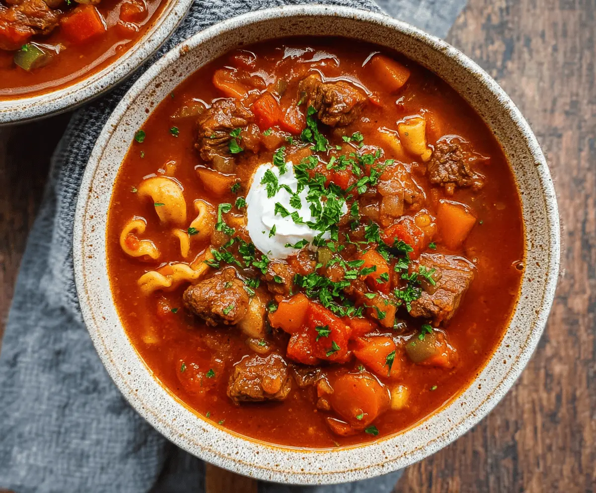 Hearty Hungarian Goulash served in a rustic bowl with tender beef, vegetables, and rich paprika sauce, perfect for a comforting meal.