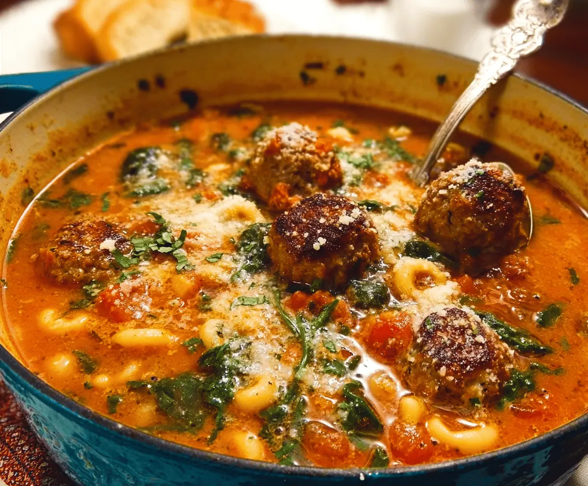 A bowl of hearty Italian Meatball Soup featuring tender meatballs, chopped vegetables, and fresh herbs in a flavorful tomato broth.