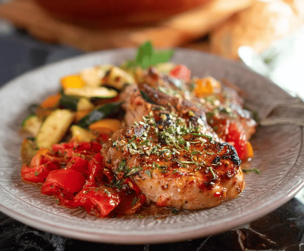 Juicy Italian Pork Chops garnished with herbs and served with roasted vegetables on a white plate
