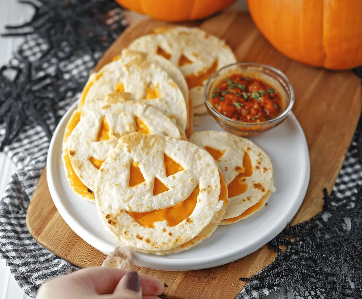 Creative Jack o Lantern quesadillas with melted cheese and festive pumpkin-shaped designs, perfect for Halloween snacking.