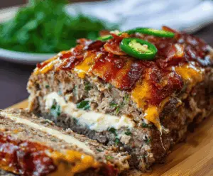 Delicious Jalapeño Popper Meatloaf topped with melted cheese and crispy bacon slices.