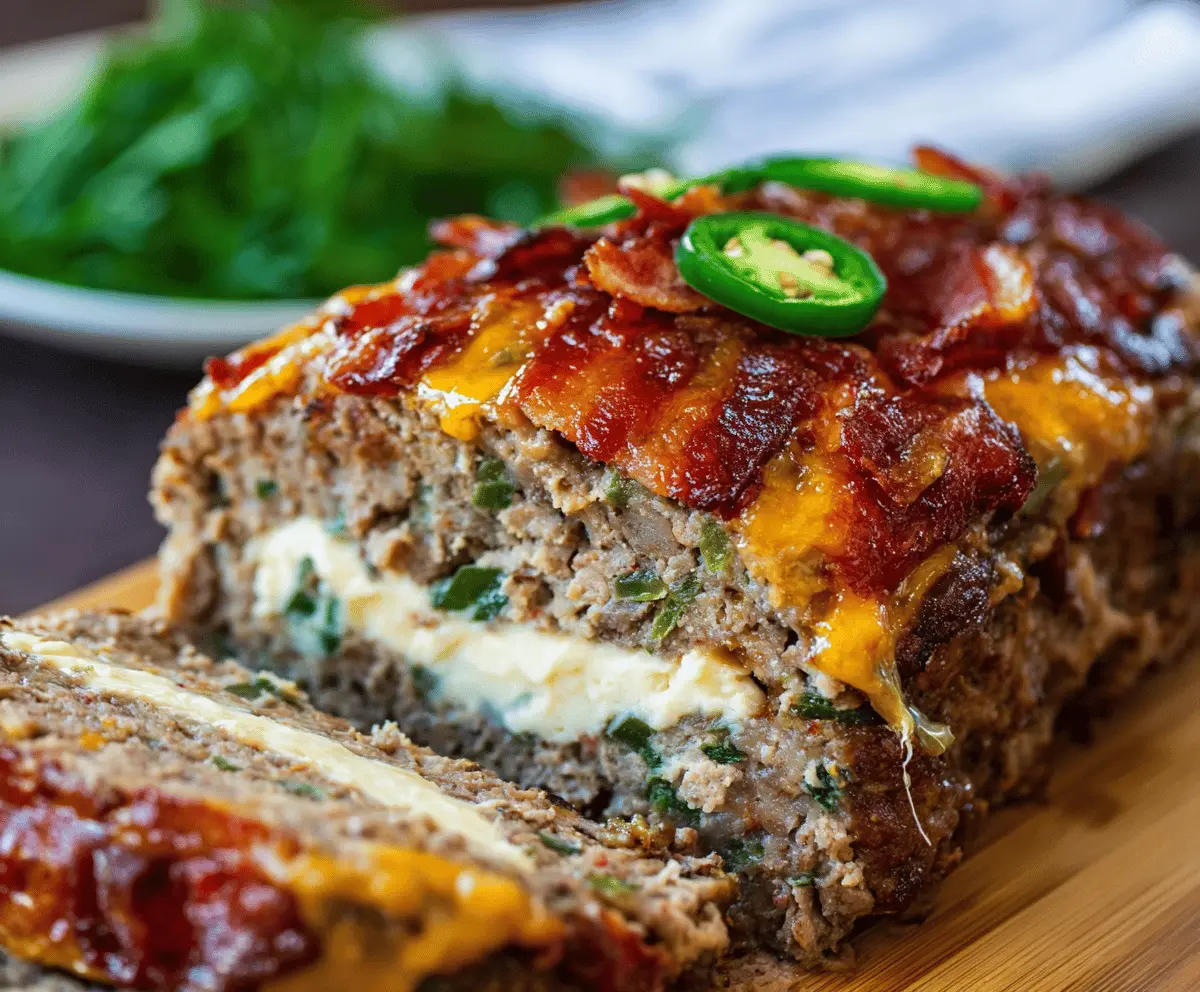 Delicious Jalapeño Popper Meatloaf topped with melted cheese and crispy bacon slices.