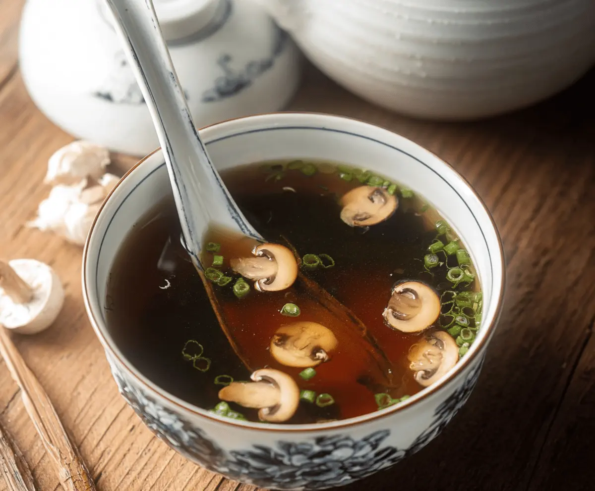 A steaming bowl of Japanese clear soup featuring delicate dashi broth, garnished with fresh green onions, thinly sliced mushrooms, and colorful vegetables, served in a traditional ceramic bowl.