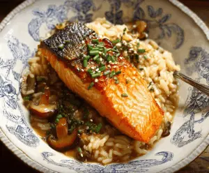 Creamy Japanese-style risotto topped with perfectly seared salmon fillet, garnished with green onions and sesame seeds for a delicious and elegant seafood dish.