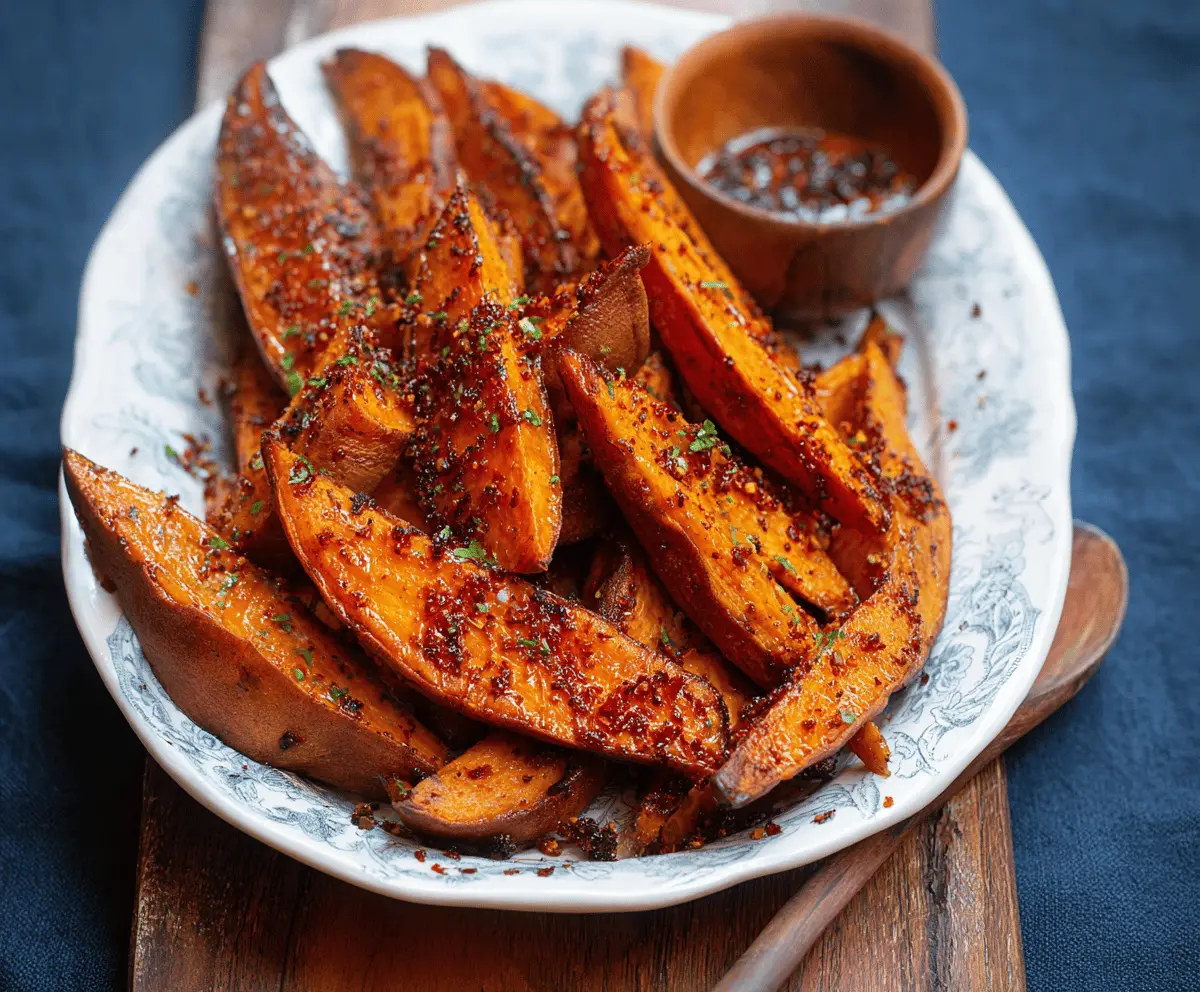 Delicious Maple Chili Glazed Sweet Potato Wedges on a plate, garnished with fresh herbs, showcasing a crispy and flavorful healthy snack or side dish.