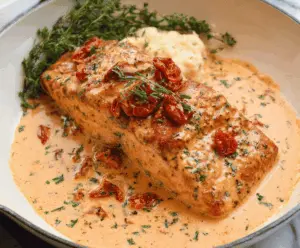 Creamy Marry Me Salmon topped with vibrant tomato and fresh herb sauce, served on a plate, perfect for a romantic dinner