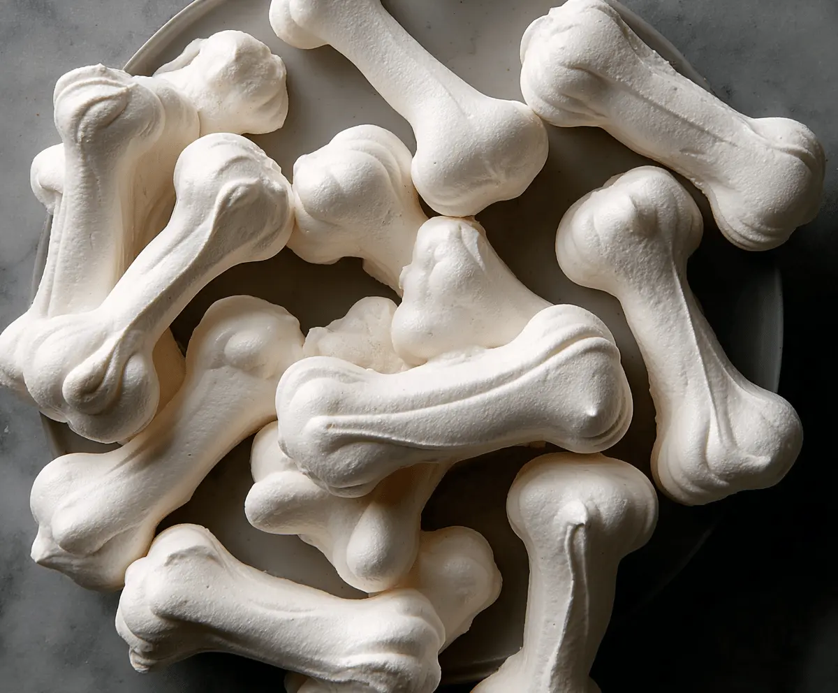 Delicious meringue bone cookies decorated with colorful icing, perfect for Halloween treats