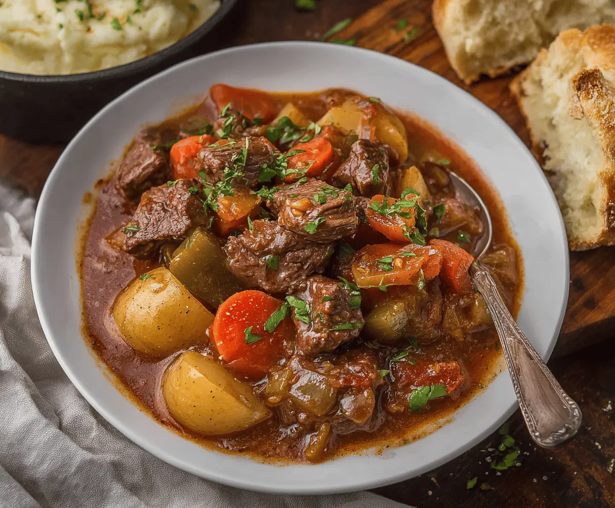 Hearty Mississippi Beef Stew with tender beef chunks, vegetables, and savory broth served in a rustic bowl