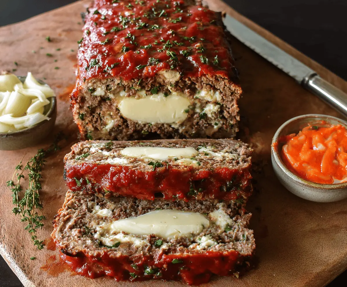 Juicy mozzarella-stuffed meatloaf topped with melted cheese and fresh herbs, served on a white plate