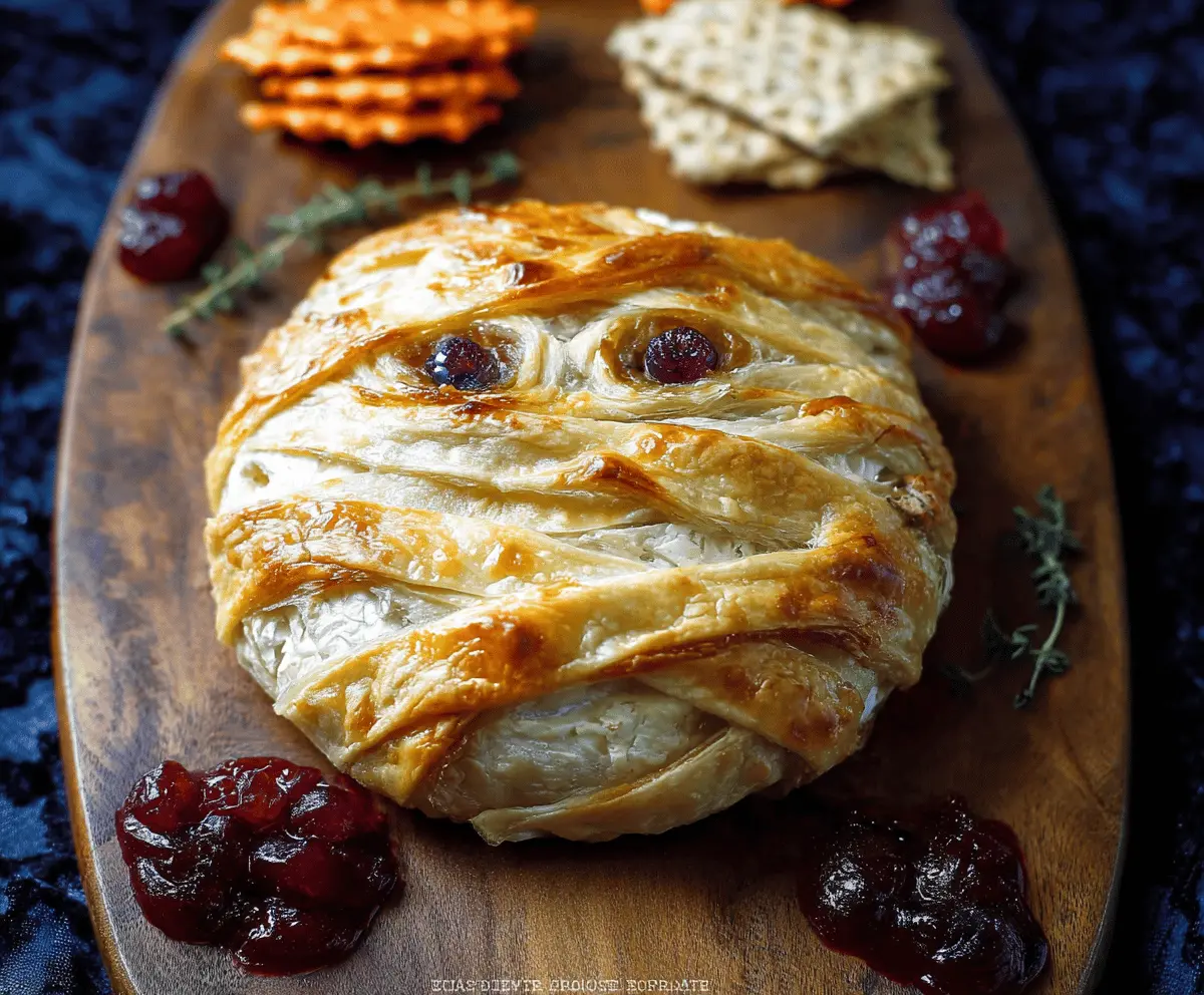 Delicious Mummy Baked Brie topped with olive eyes and baked to perfection, perfect for Halloween parties