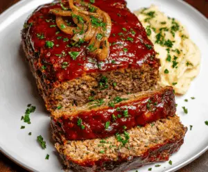 Delicious homemade meatloaf seasoned with onion soup mix, served on a plate with mashed potatoes and vegetables