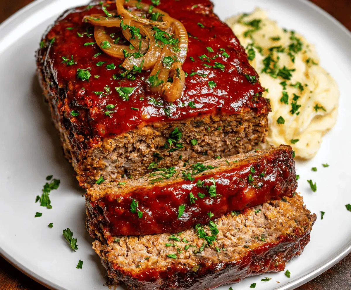 Delicious homemade meatloaf seasoned with onion soup mix, served on a plate with mashed potatoes and vegetables