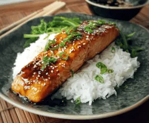 Juicy orange teriyaki salmon fillet garnished with orange slices and fresh herbs, served on a white plate for a flavorful seafood dish.