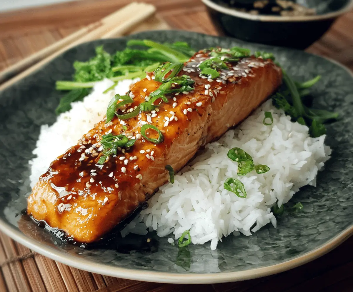 Juicy orange teriyaki salmon fillet garnished with orange slices and fresh herbs, served on a white plate for a flavorful seafood dish.