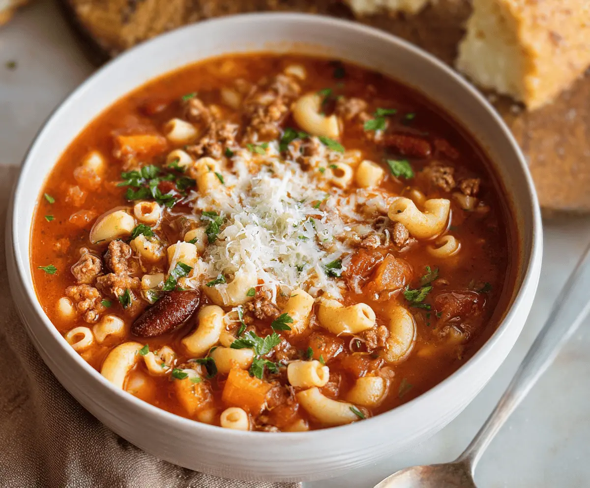 A steaming bowl of Pasta e Fagioli Soup featuring pasta, kidney beans, and fresh herbs in a savory broth, served in a rustic white bowl on a wooden table.
