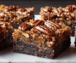 Delicious Pecan Pie Brownies with a rich chocolate and pecan topping.