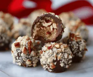 Delicious Pecan Pie Truffles with a glossy chocolate coating and crunchy pecan topping on a rustic wooden surface