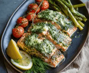 Delicious Pesto Butter Salmon cooked to perfection, featuring a vibrant green pesto topping and tender flaky fish.