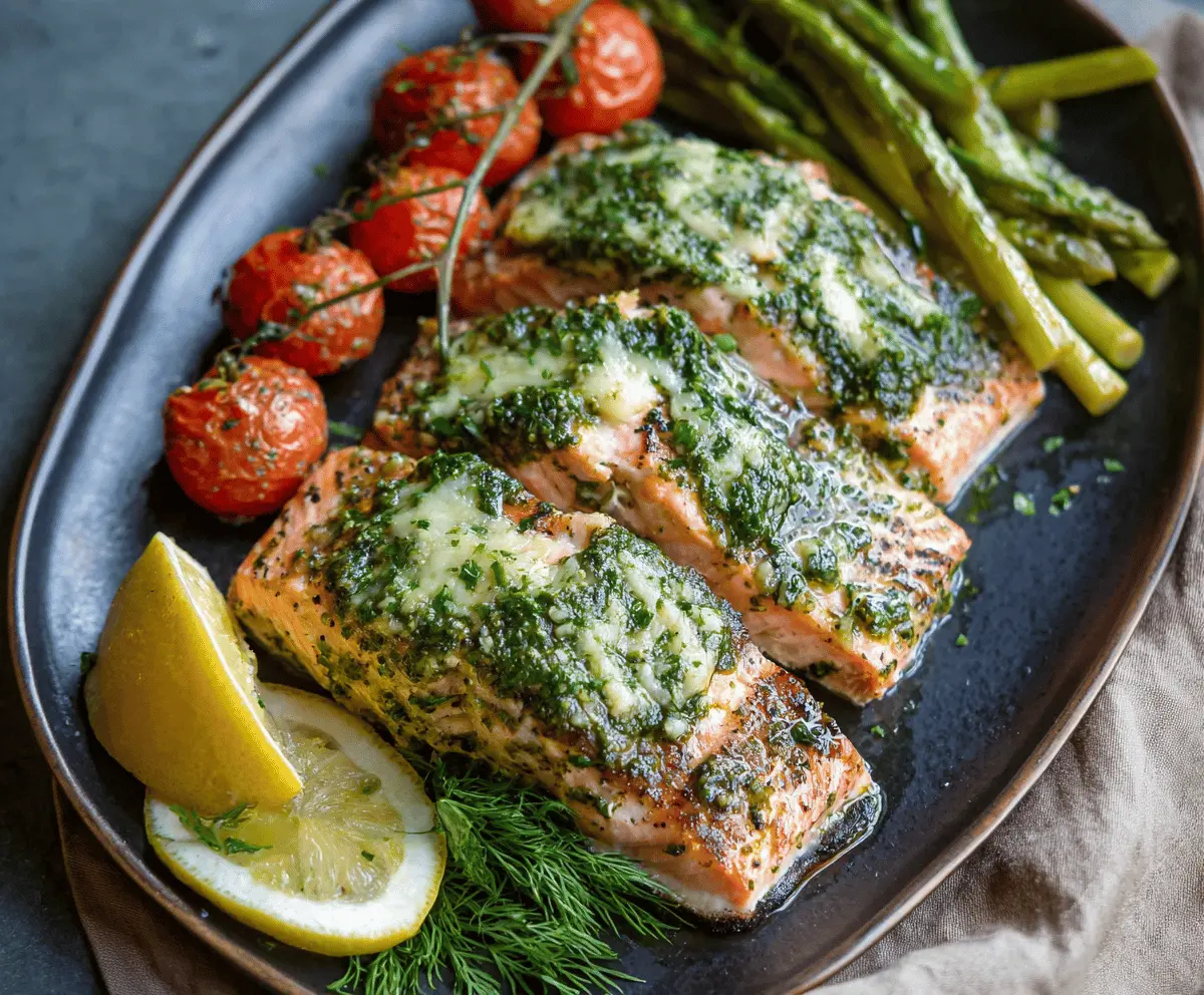 Delicious Pesto Butter Salmon cooked to perfection, featuring a vibrant green pesto topping and tender flaky fish.