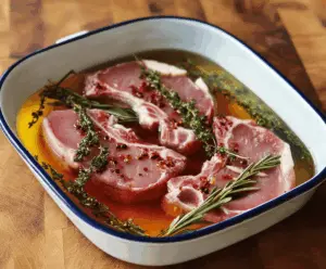 Juicy pork chop soaking in flavorful brine for tender and flavorful results