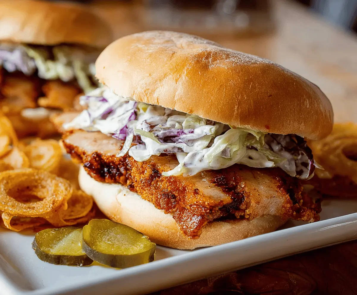 Juicy pork chop sandwiches with lettuce, tomato, and crispy breaded pork chops on toasted buns, perfect for a delicious meal.